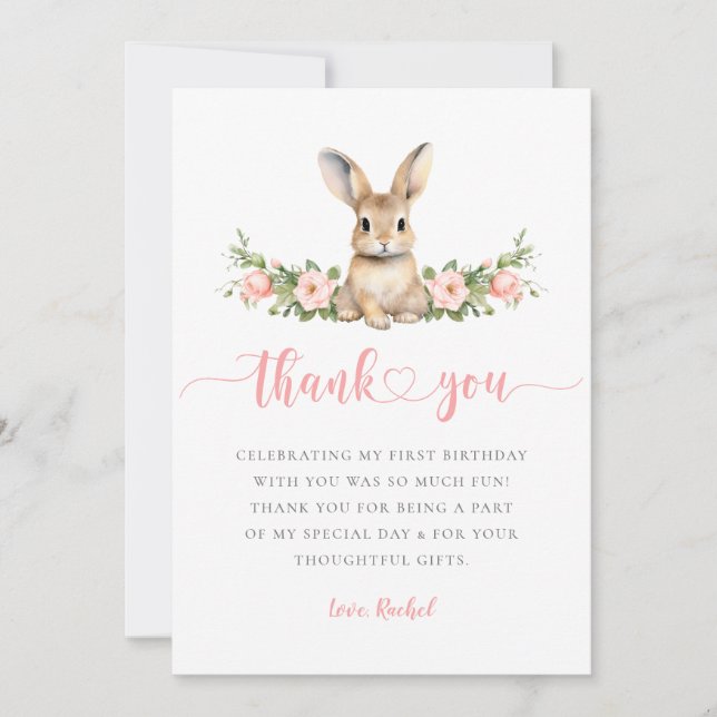 Pink Floral Spring Rabbit Some Bunny 1st Birthday Thank You Card (Front)