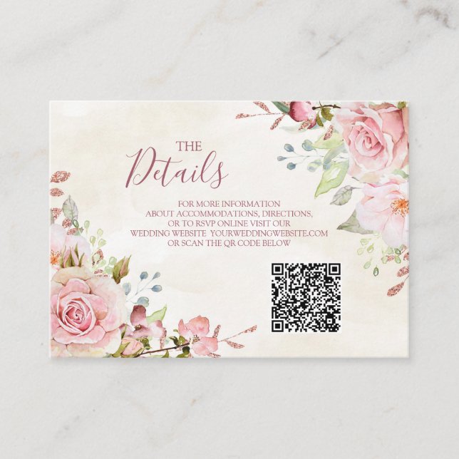 Pink Floral Spring Wedding QR code Details Insert (Front)