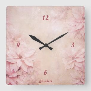 Pink Floral Square Wall Clock