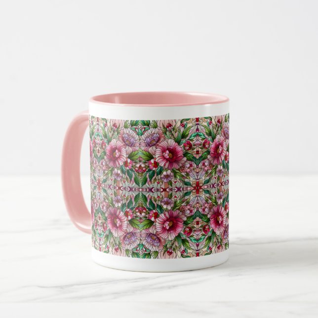 Pink Floral Stained Glass Design Mug (Front Left)