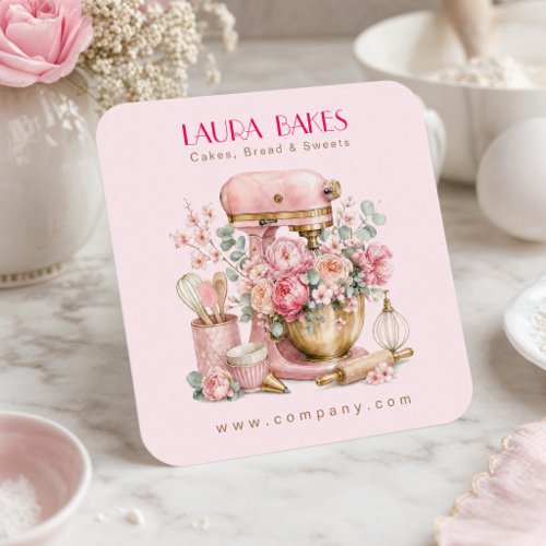 Pink Floral Stand Mixer Watercolor Bakery Logo Square Business Card