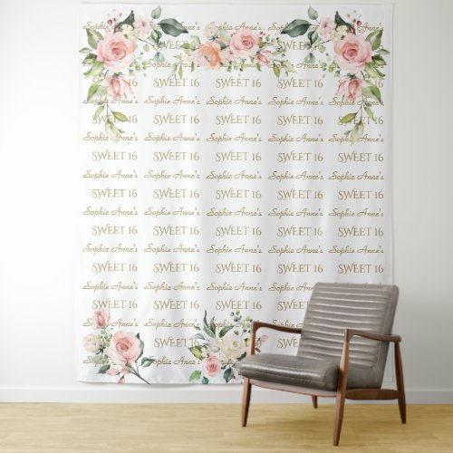Pink Floral Step Repeat Sweet Sixteen Photo Prop Tapestry