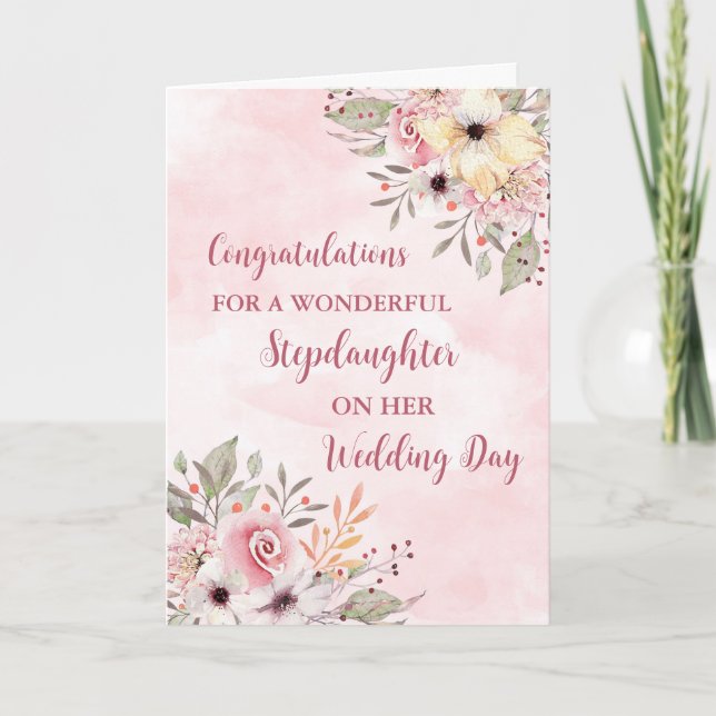 Pink Floral Stepdaughter Wedding Congratulations Card (Front)