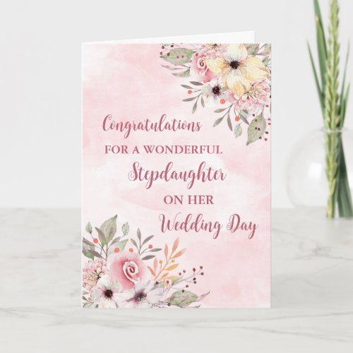 Pink Floral Stepdaughter Wedding Congratulations Card