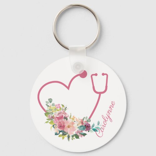 Pink Floral Stethoscope Heart Caregiver Nurse Keychain