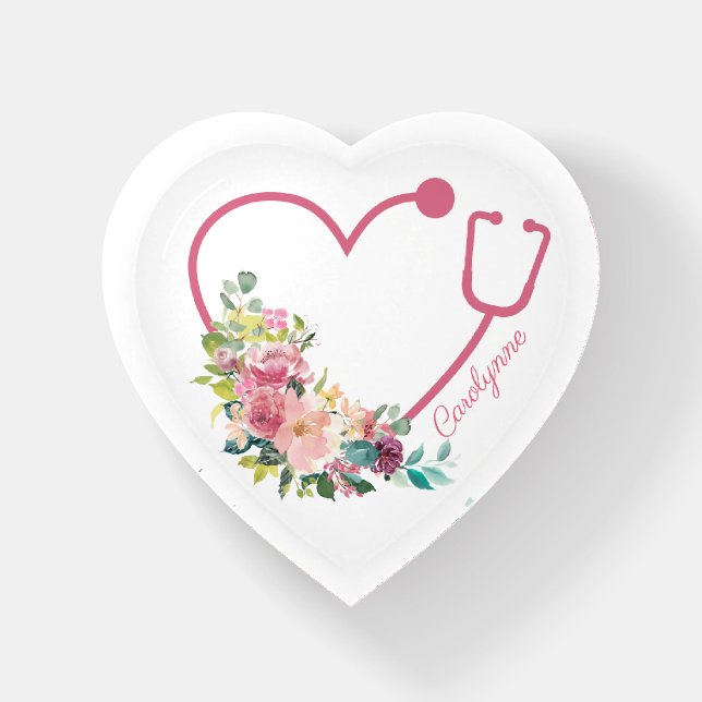 Pink Floral Stethoscope Heart Medical Caregiver Paperweight (Front)