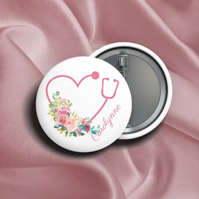 Pink Floral Stethoscope Heart Medical Nurse Button (Creator Uploaded)