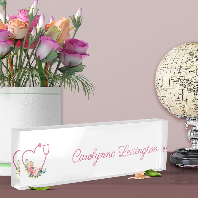 Pink Floral Stethoscope Heart Medical Nurse Doctor Desk Name Plate (Creator Uploaded)