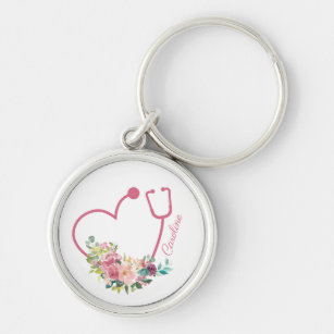 Pink Floral Stethoscope Heart Medical Nurse Doctor Keychain