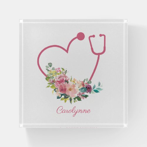 Pink Floral Stethoscope Heart Medical Nurse Doctor Paperweight