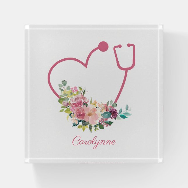 Pink Floral Stethoscope Heart Medical Nurse Doctor Paperweight (Front)