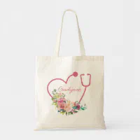 Monogrammed Leopard Heart Stethoscope Tote Bag - White