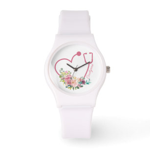Pink Floral Stethoscope Heart Medical Nurse Doctor Watch