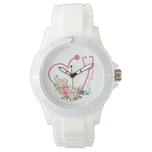 Pink Floral Stethoscope Heart Medical Nurse Doctor Watch