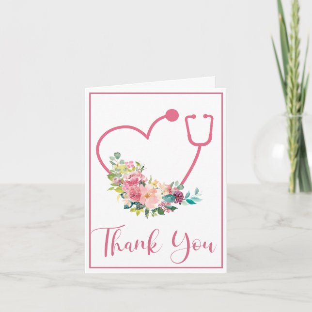 Pink Floral Stethoscope Heart Medical Thank You Card (Front)