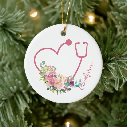 Pink Floral Stethoscope Heart Nurse Caregiver Ceramic Ornament | Zazzle.com