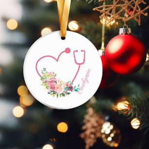 Pink Floral Stethoscope Heart Nurse Caregiver Ceramic Ornament