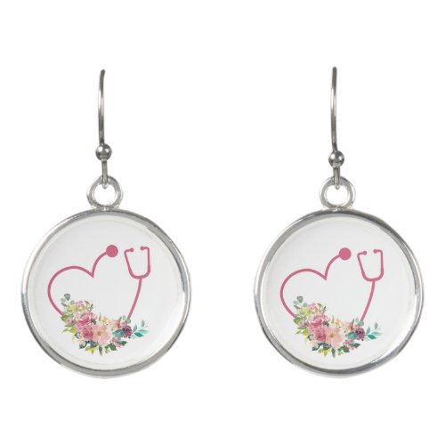 Pink Floral Stethoscope Heart Nurse Caregiver Earrings
