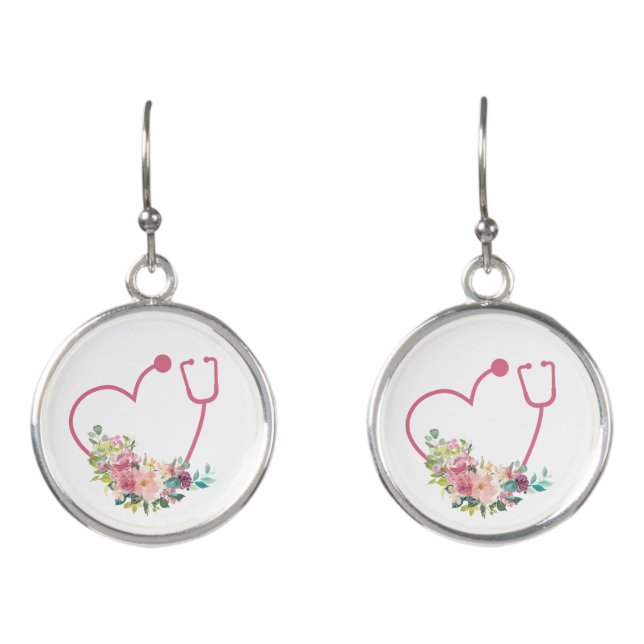 Pink Floral Stethoscope Heart Nurse Caregiver Earrings (Front)