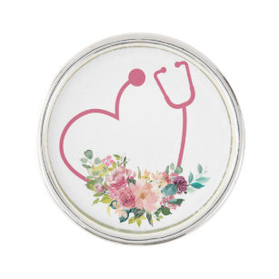 Pink Floral Stethoscope Heart Nurse Caregiver Lapel Pin