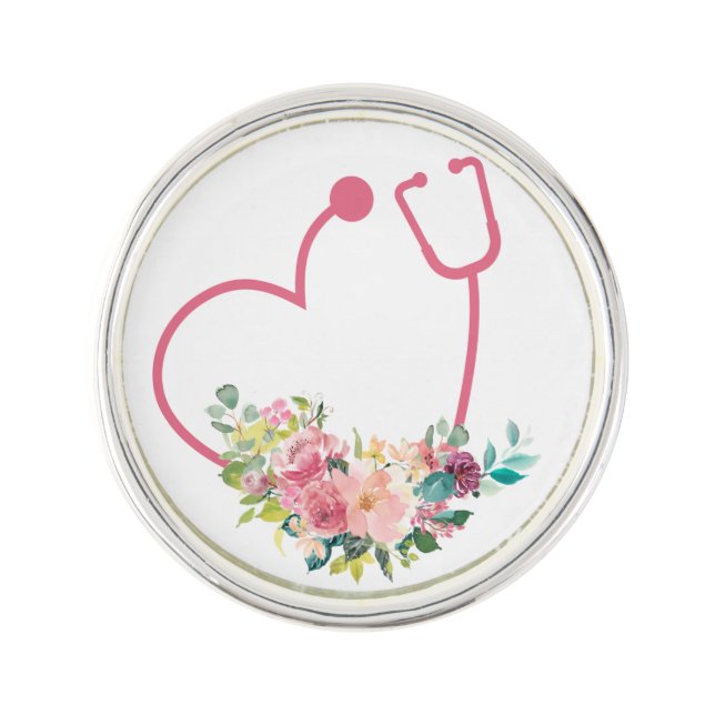 Pink Floral Stethoscope Heart Nurse Caregiver Lapel Pin (Front)