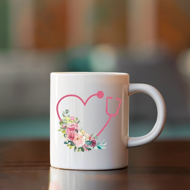 Pink Floral Stethoscope Heart Nurse Doctor Coffee Mug (Creator Uploaded)