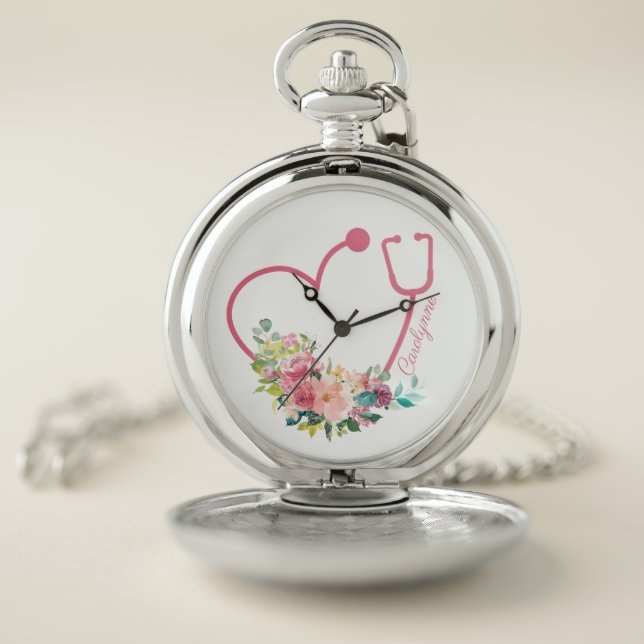 Pink Floral Stethoscope Heart Nurse Doctor Pocket Watch (Inside)