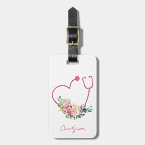 Pink Floral Stethoscope Heart Nurse Luggage Tag