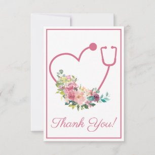 Pink Floral Stethoscope Heart Nurse Thank You Card