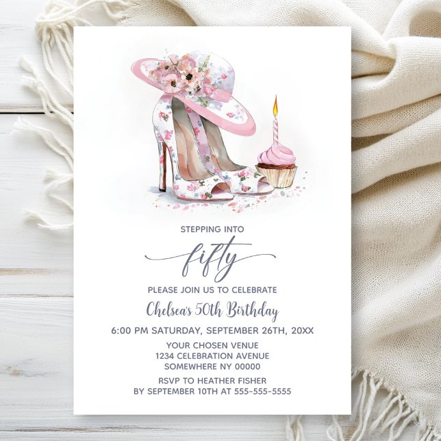 Pink Floral Stiletto Shoes 50th Birthday Party Invitation (Creator Uploaded)