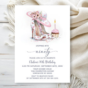 Pink Floral Stiletto Shoes 90th Birthday Party Invitation
