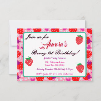 Pink Floral Strawberry 1st Birthday Party Invitation