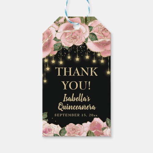 Pink Floral String Light Black Quinceaera Name  Gift Tags