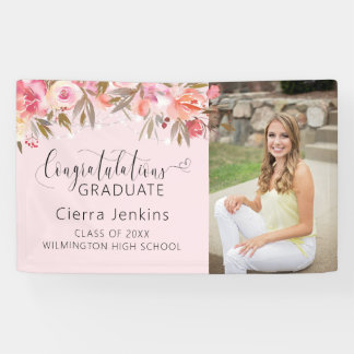 Pink Floral String Light Graduation Banner