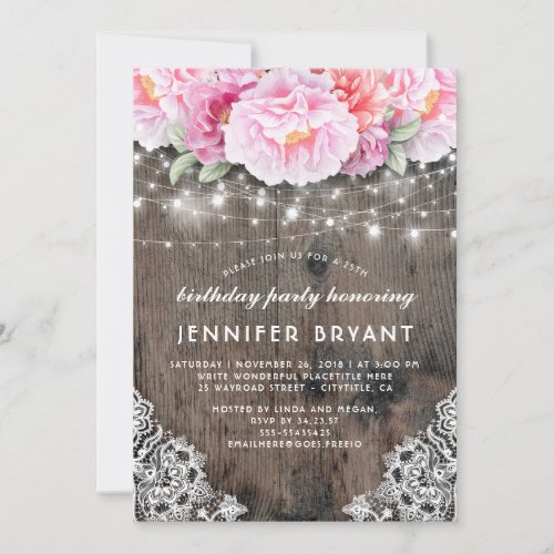 Pink Floral String Lights Rustic Birthday Party Invitation