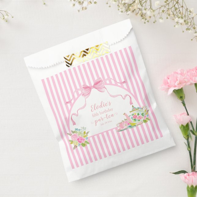 Pink Floral Stripe Let's Par-tea Birthday Favor Bag (Sealed)