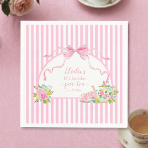 Pink Floral Stripe Let's Par-tea Birthday Napkins