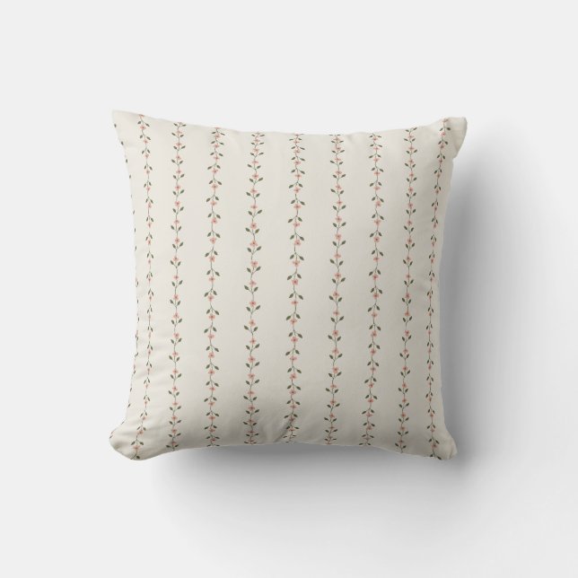 Pink Floral Stripe Minimalist Throw Pillow (Front)