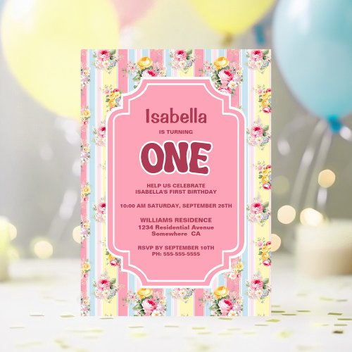 Pink Floral Striped 1st Birthday Party Invitation