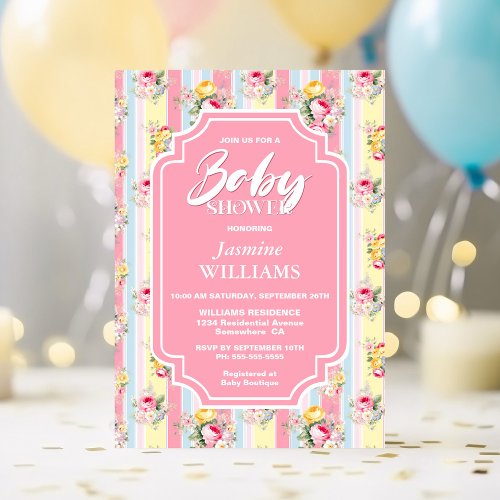 Pink Floral Striped Baby Shower Invitation