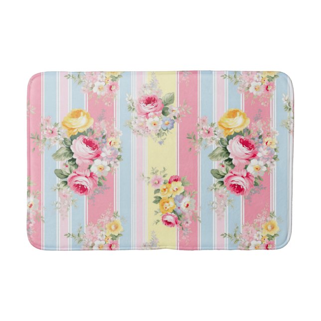 Pink Floral Striped Bath Mat (Front)