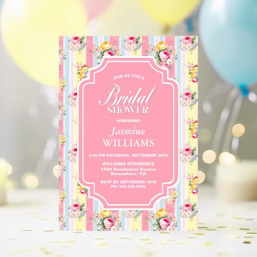 Pink Floral Striped Bridal Shower Invitation
