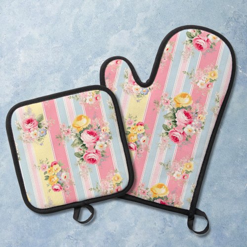 Pink Floral Striped Oven Mitt  Pot Holder Set