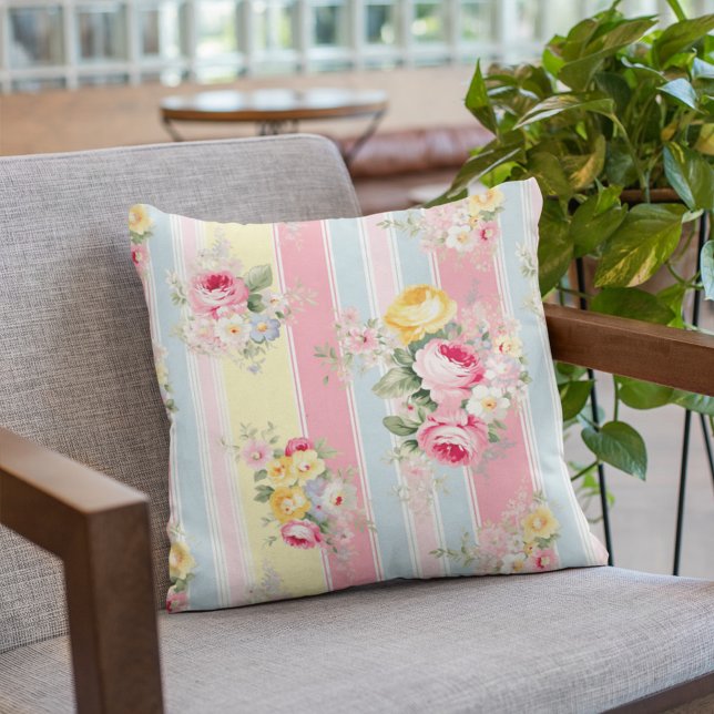 Pink Floral Striped Throw Pillow (Creator Uploaded)
