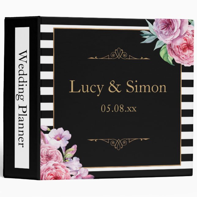 Pink Floral Striped Wedding Planner 3 Ring Binder (Front/Spine)