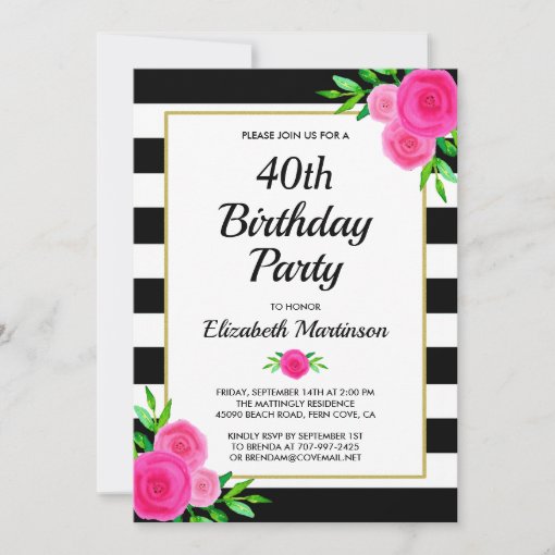 Pink Floral Stripes 40th Birthday Party Invitation | Zazzle