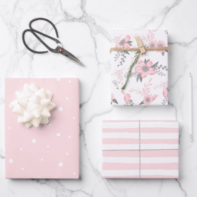 Pink Floral, Stripes and Polka Dots Wrapping Paper Sheets (Front)