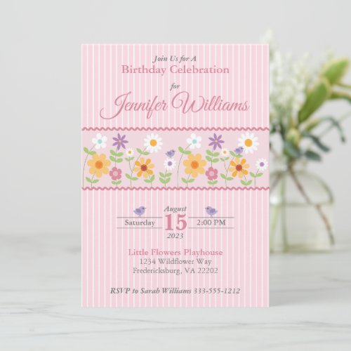 Pink Floral Stripes Birthday Invitation