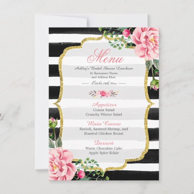 Pink Floral Stripes | Bridal Shower Luncheon Menu Invitation (Front)