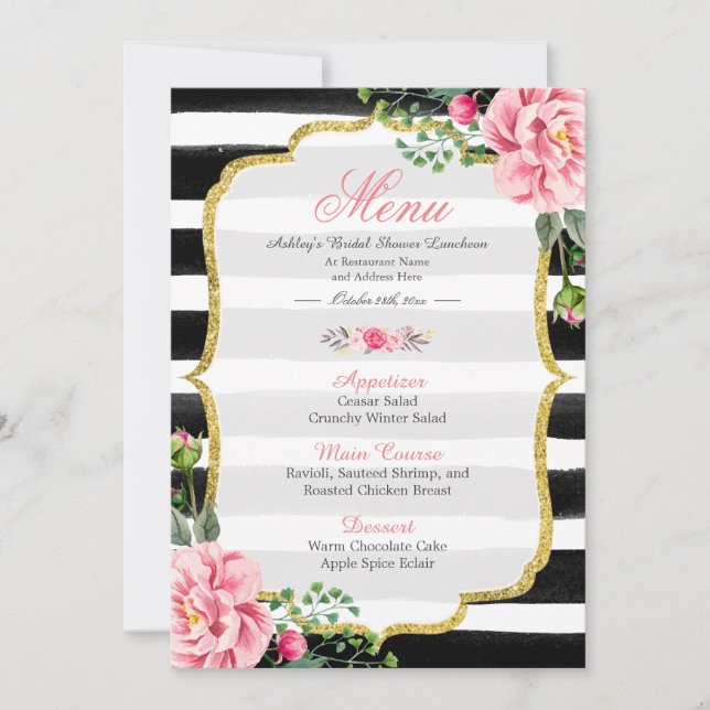 Pink Floral Stripes | Bridal Shower Luncheon Menu Invitation (Front)